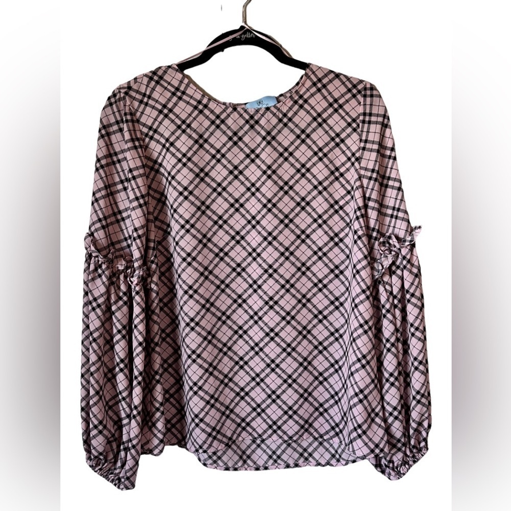 CECE Womens Pink Plaid Jewel Neck Top Size: S - Picture 3 of 8